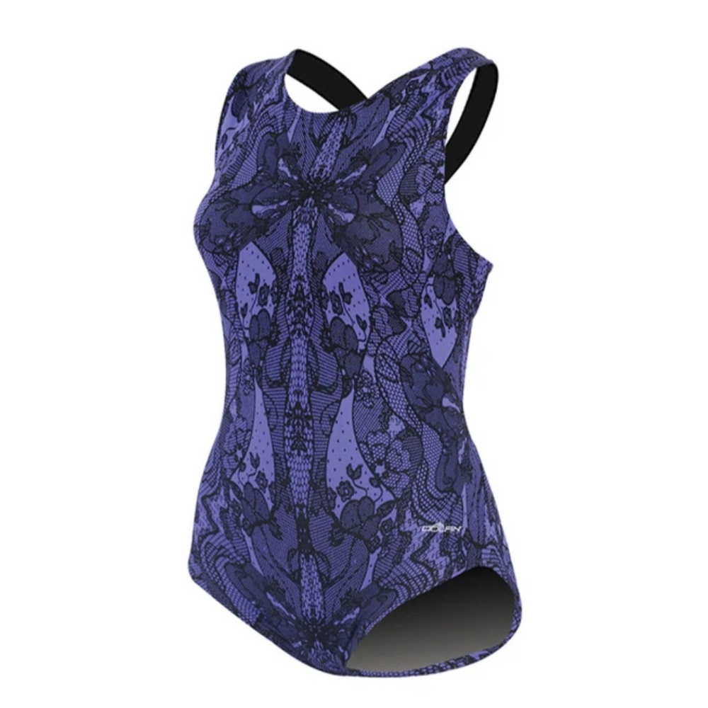 DOLFIN Women's Purple Lacey Round Neck One Piece Swimsuit, Size 8